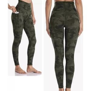 Colorfulkoala Green Brushed Camo Yoga Side Pockets Ankle Leggings Medium